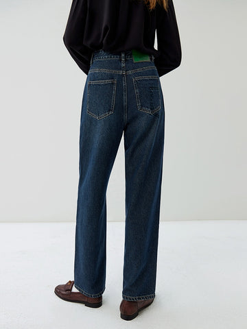 Geumxl 46.8% Cotton Retro Dark Denim Blue Full Length Jean Contrast Leather Label Design Female High Waist Straight Autumn Jeans