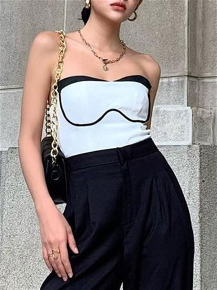 Geumxl Fashion Black And White Contrast Color Tube Top Cute Mini Bustier Tops Streetwear Casual Strapless Cropped Top Camisole