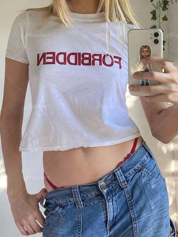 Geumxl Y2K Fashion Letter 2000S Print Fairy Grunge Summer E-Girl White 90S Crop Tops Slim Streetwear Harajuku Goth Short Sleeve T-Shirt