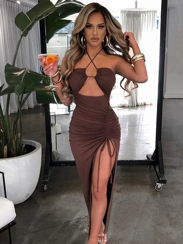 Fall outfits Hot Summer Sexy Halter Backless Sleeveless Cut Out Maxi Dress for Women Elegant Club Party Slit Dresses Vestido