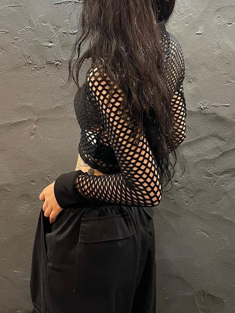 Geumxl Fashion Chic Black Fishnet Crop Top Cropped Women Blouse Hollow Out Cardigan Buttons Up Sexy Party Shirt Thin Outfits