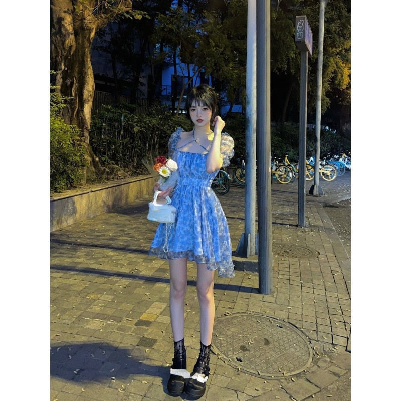 Geumxl-hoco dresses  French Floral Vintage Dress Women Sexy Off Shoulder Fairy Printed Boho Mini Dress Birthday Even Party Dress Summer 2024 Korean