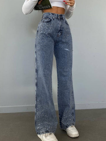 Geumxl Fashion Chic Rhinestone Bling High Waist Women Jeans Straight Leg Casual Basic Denim Trousers Streetwear Party Pants