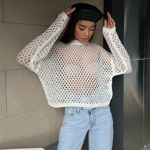 Geumxl Oversized T Shirt Sexy Hollow Out Knitted Women Beach Tops 2022 Summer Y2K Fashion Long Sleeve See Through Casual Tee Tops