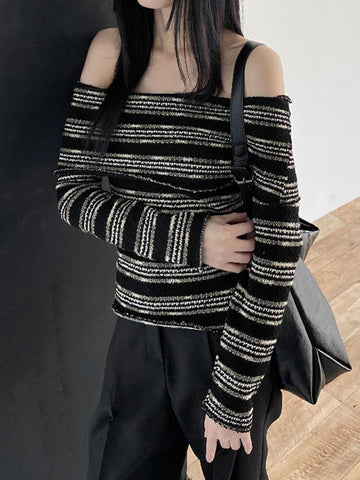 Geumxl Harajuku Gothic Black Stripe Off Shoulder Women Sweaters Knitted Grunge Aesthetic Autumn Pullover Slash Neck Jumpers