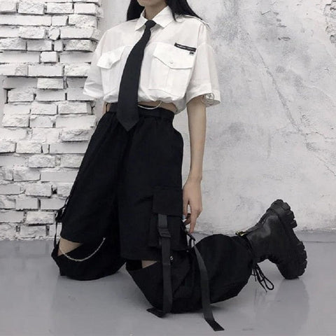 Geumxl 2022 Gothic Streetwear Women's Cargo Pants with Chain Punk Techwear Black Oversize Korean Fashion Wide Leg Trousers