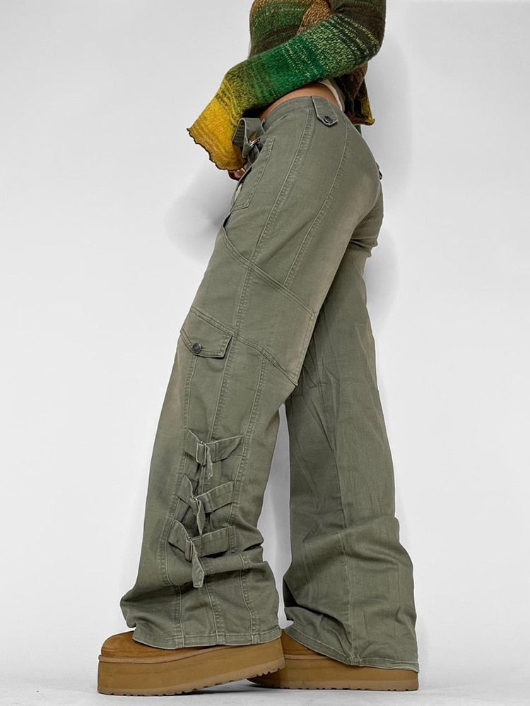 Geumxl Y2K Streetwear Buckle Pockets Baggy Pants Casual Retro Low Rise Cargo Jeans Female Harajuku Denim Trousers Distressed