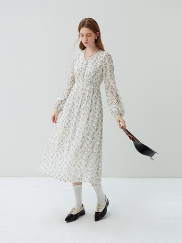 Geumxl French Floral Dress 2023 New Women's Long Sleeved V-neck Gentle Skirt For Women White Casual Loose Women Dress Boho