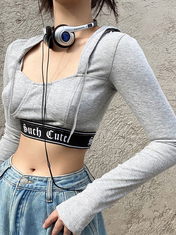 Geumxl Casual Knit Bodycon Crop Top Women T-Shirts Hooded Letter Ribbon Patchwork Spring Autumn Shirts Sportswear Korean New
