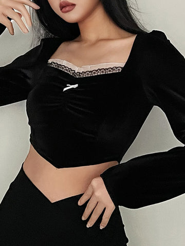 Geumxl Fashion Black Velvet Square Neck Frill Folds Female T-Shirt Lace Trim Bow Crop Tops Bodycon Autumn Retro Shirt Party