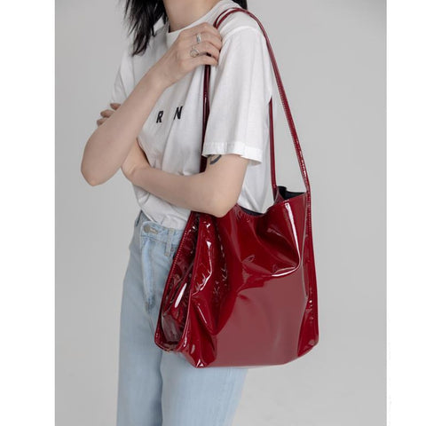 Back To School Fashion Patent Leather Women Shoulder Bags Vintage Female Casual Tote Handbags Large Capacity Ladies Shopping Bag