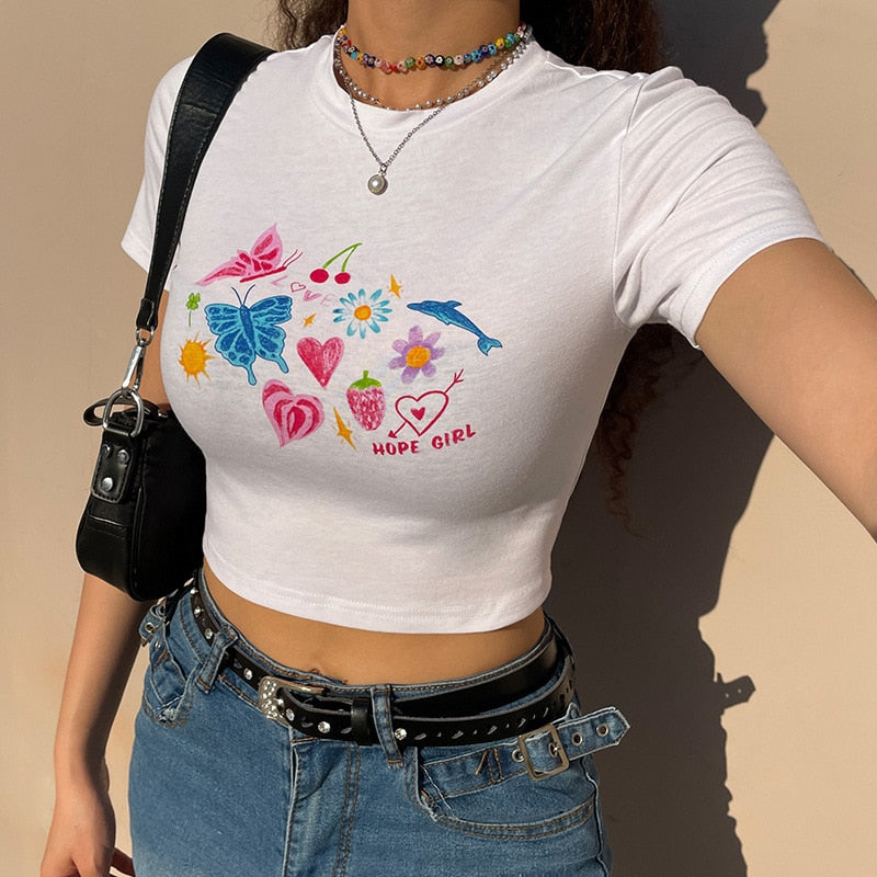 Geumxl Y2K Baby Summer Skinny Women Graphic T Shirts Navel Trend Print Stretchy Short Sleeve Kawaii Crop Top Streetwear Tees Aesthetic