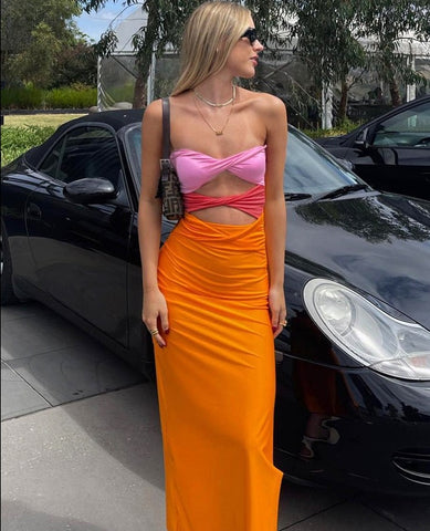Graduation  Patchwork Y2K Strapless Dress Women Hollow Out Sleeveless Backless Summer Beach Dresses Party Club Midi 2023