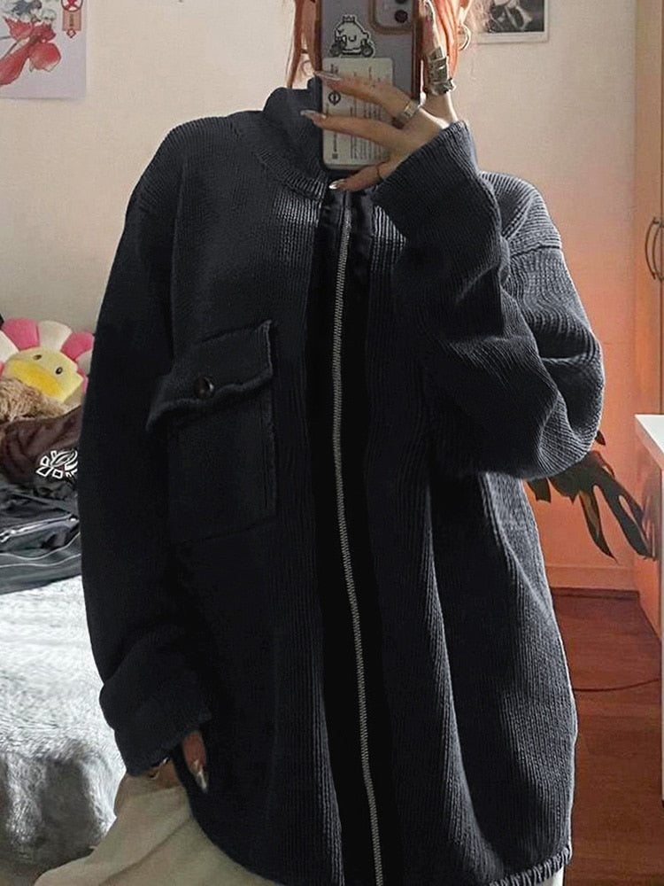 Geumxl Grunge Retro Thick Zip Up Sweater Jacket Knitted Cardigans Fashion Cargo Style High Neck Sweater Coat Pockets Outfits