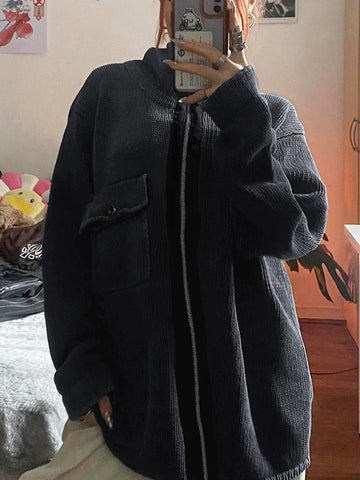 Geumxl Grunge Retro Thick Zip Up Sweater Jacket Knitted Cardigans Fashion Cargo Style High Neck Sweater Coat Pockets Outfits