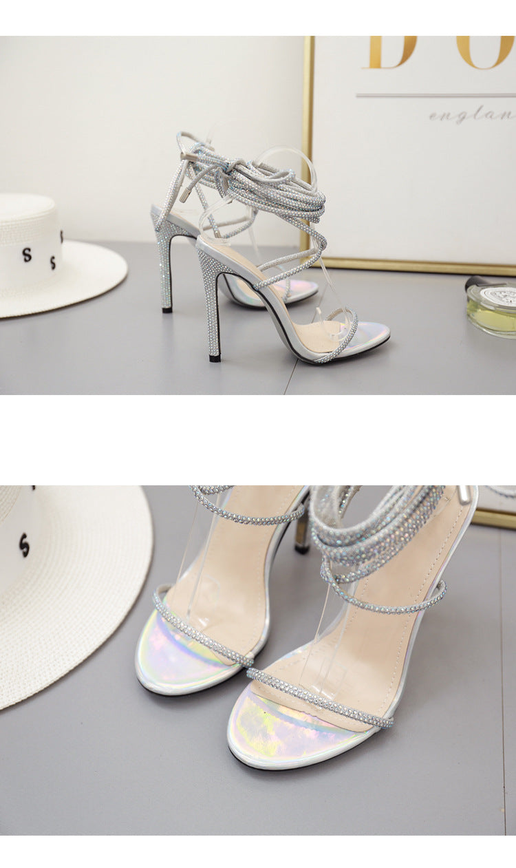 Silver Crystal Rhinestone Sexy Sandals Women Summer Ankle Lace-Up Open Toe Thin High Heel Sandals Wedding Shoes Zapatos