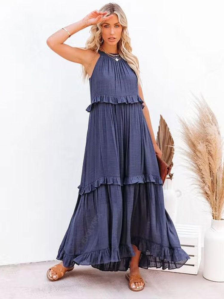 Geumxl 2022 Sexy Blue Ruffled Halter Neck Sleeveless Maxi Dress Casual Women Summer Clothes Streetwear Sundress Vestido De Mujer A1228
