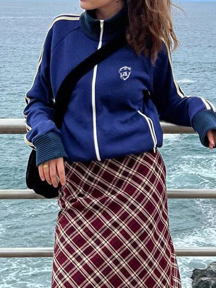 Geumxl Vintage Casual Stripe Patched Blue Zip Up Sweat Jacket Autumn Sweatshirt Turtleneck Coat Fleece Preppy Sporty Outfits