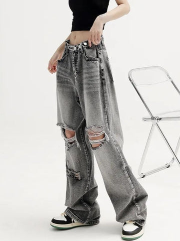 Back to School Vintage Loose Straight Jeans Woman Casual Fashion Hole Denim Trousers Tassel 2022 Autumn Design Wide Leg Cargo Pants Female Chic