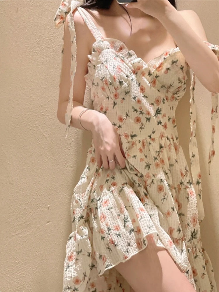 Geumxl--hoco dresses  Casual Beach Straps Dress Women Slim 2024 Summer Sweet Elegant Y2k Mini Dress Fairy Sleeveless Floral One Piece Dress Korean