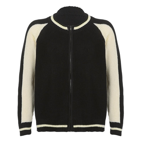 Geumxl Fashion Vintage Black White Zipper Jacket Knitted Sweater Women Casual Loose Autumn Winter Cardigan Knitwear Contrast