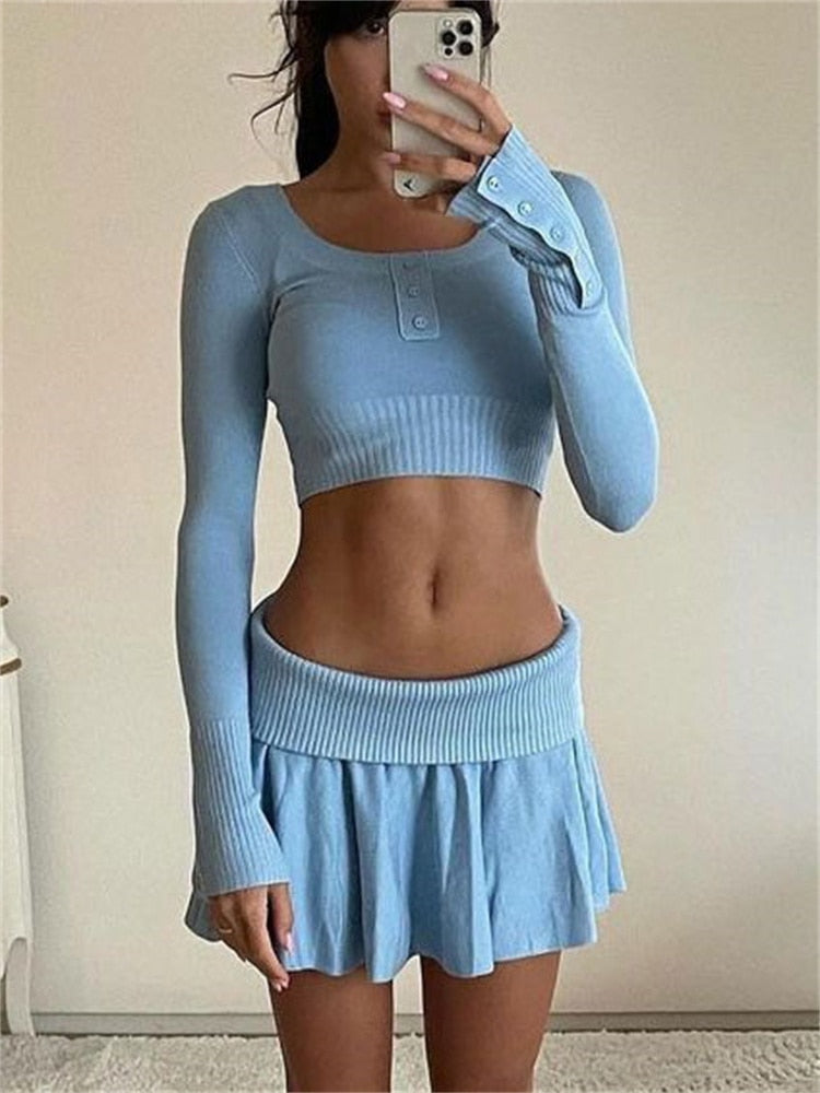 Geumxl Knit Two Piece Sets Dress Outfits Summer Knitted Pullover Crop Top And Low Waist Mini Pleated Skirt Set New Dress Sets