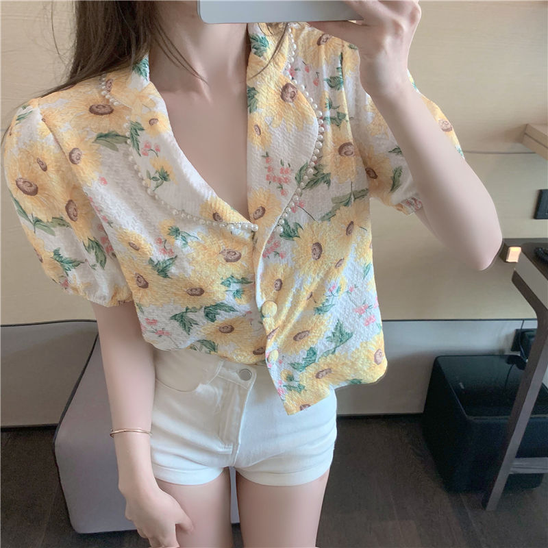 Geumxl Blouse Women Summer 2022 New French Style Short Sleeve High Waist V-Neck Blusas Womens Tops And Blouses