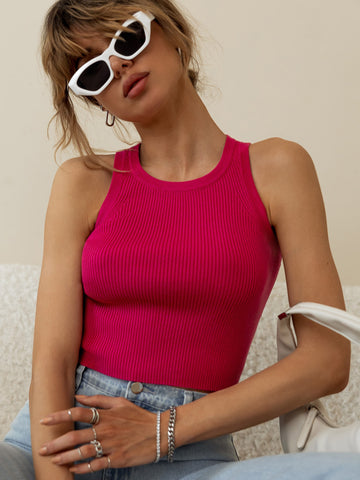 Back to School Ribbed Jersey Crop Top Summer Women Knitted Tank Tops Viva Magenta Round Neck Slim Fitted Vest Sleeveless Solid Color Crop Tank