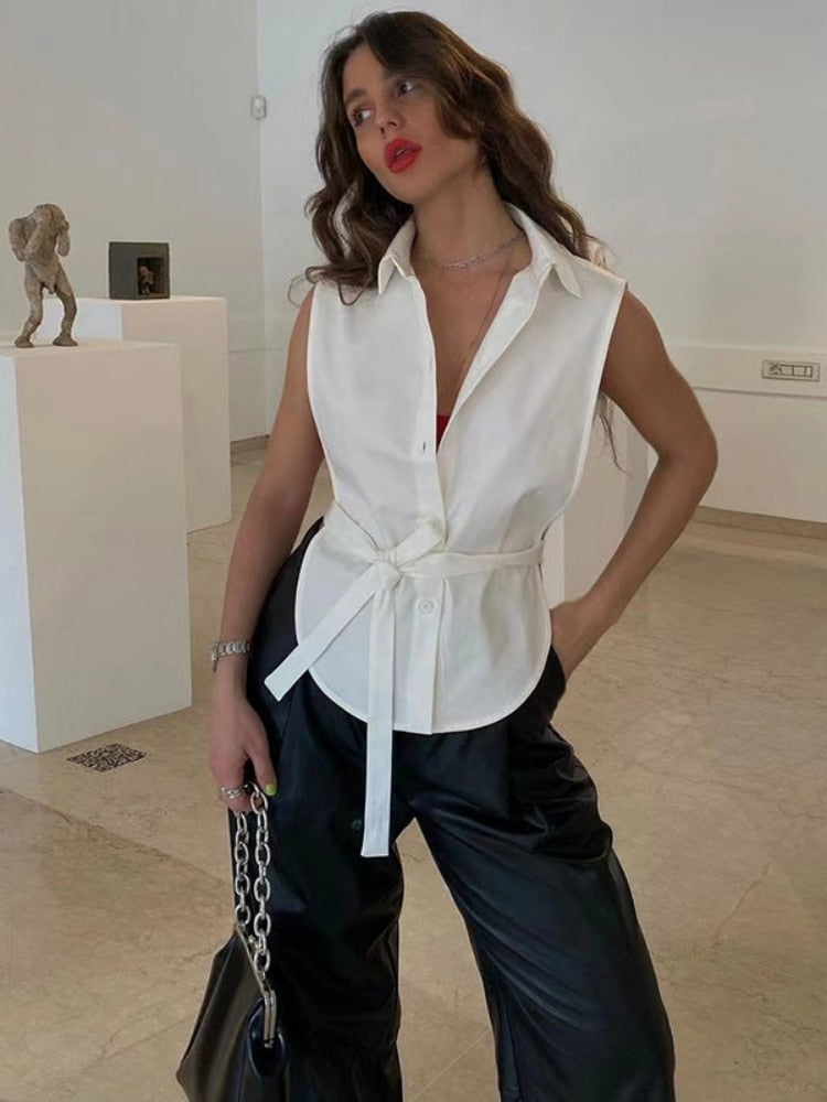 High Street Sexy Hollow Shirt For Women Sleeveless Turn Down Collar Single Breasted Tank Shirts 2023 Fashion Summer Sashes Tops