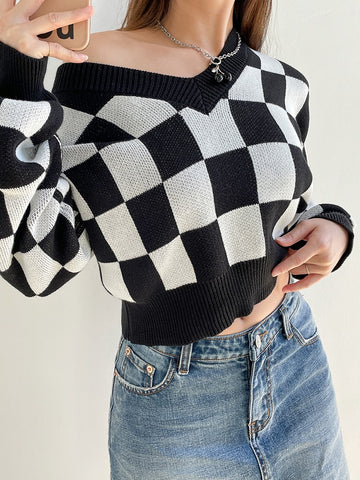 Geumxl Casual V Neck Black White Plaid Sweater Female Cropped Knit Pullover Tops Harajuku Gothic Autumn Sweaters Jumpers Y2K
