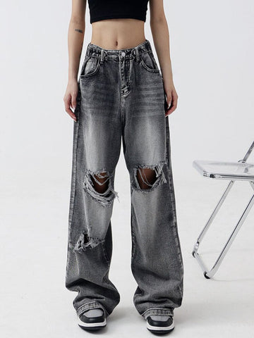 Back to School Vintage Loose Straight Jeans Woman Casual Fashion Hole Denim Trousers Tassel 2022 Autumn Design Wide Leg Cargo Pants Female Chic