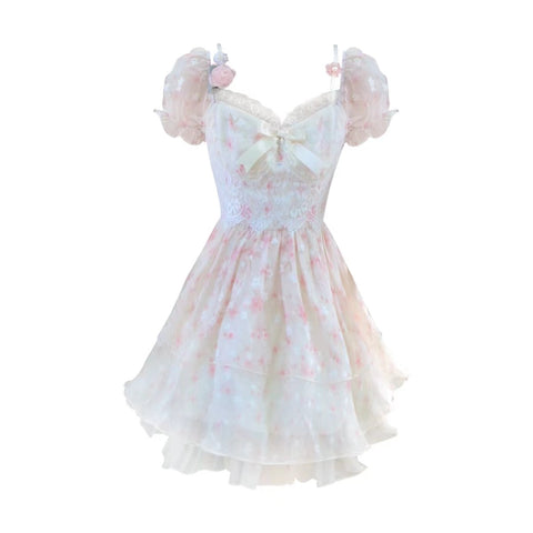 Geumxl-hoco dresses  French Vintage Mini Dress Women Kawaii Clothing Lolita Dress Even Party Female 2024 Summer Short Sleeve Fairy Floral Dress Chic