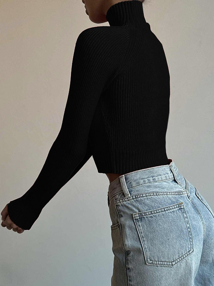 Geumxl Fashion Elegant Black Turtleneck Sweater Women Cold Shoulder Knitted Pullover Solid Slim Cut Out Jumper Design Autumn