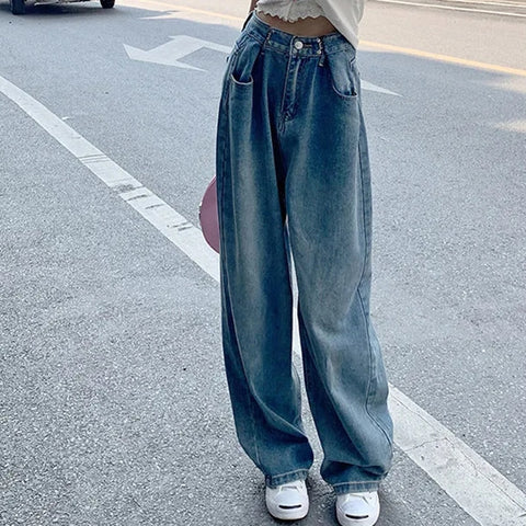 Geumxl Retro Blue High Waist Baggy Jeans Women 2022 Autumn Pocket Wide Leg Denim Trousers Woman Streetwear Loose Straight Pants