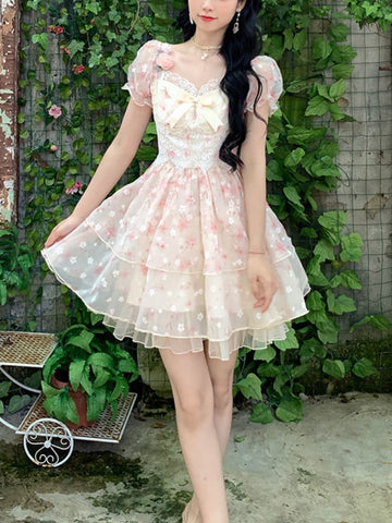 Geumxl-hoco dresses  French Vintage Mini Dress Women Kawaii Clothing Lolita Dress Even Party Female 2024 Summer Short Sleeve Fairy Floral Dress Chic