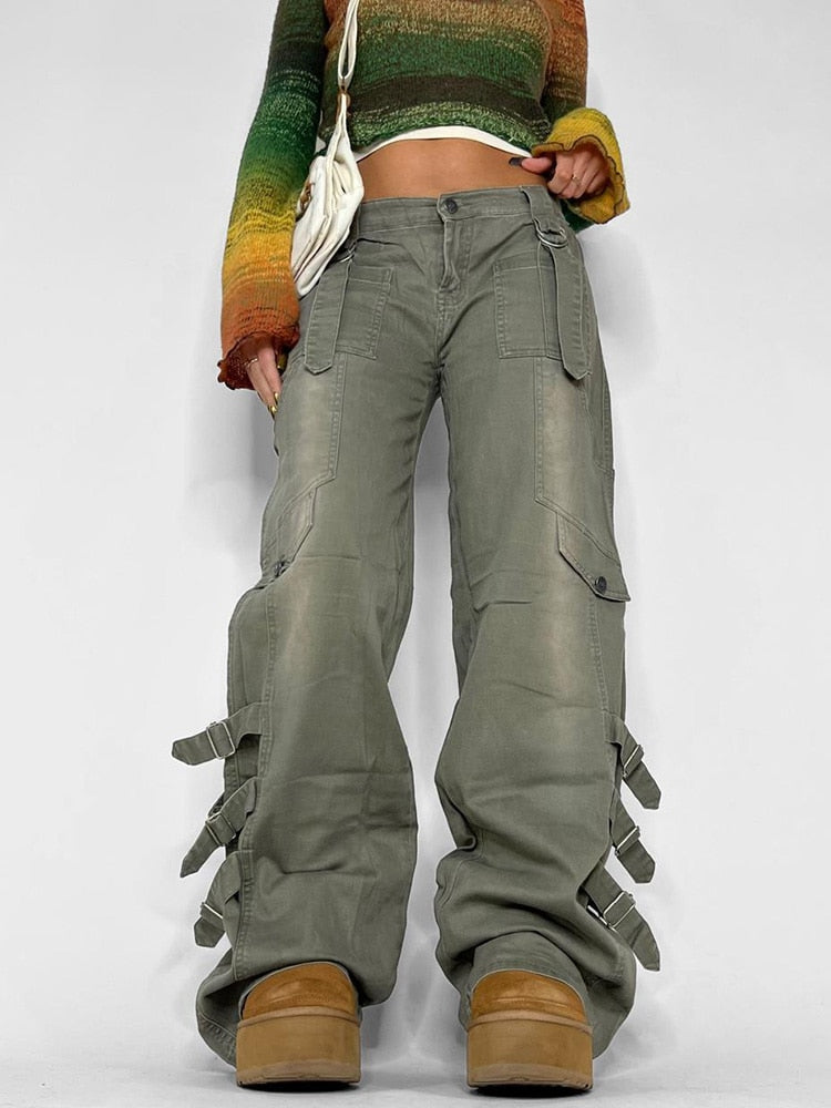 Geumxl Y2K Streetwear Buckle Pockets Baggy Pants Casual Retro Low Rise Cargo Jeans Female Harajuku Denim Trousers Distressed
