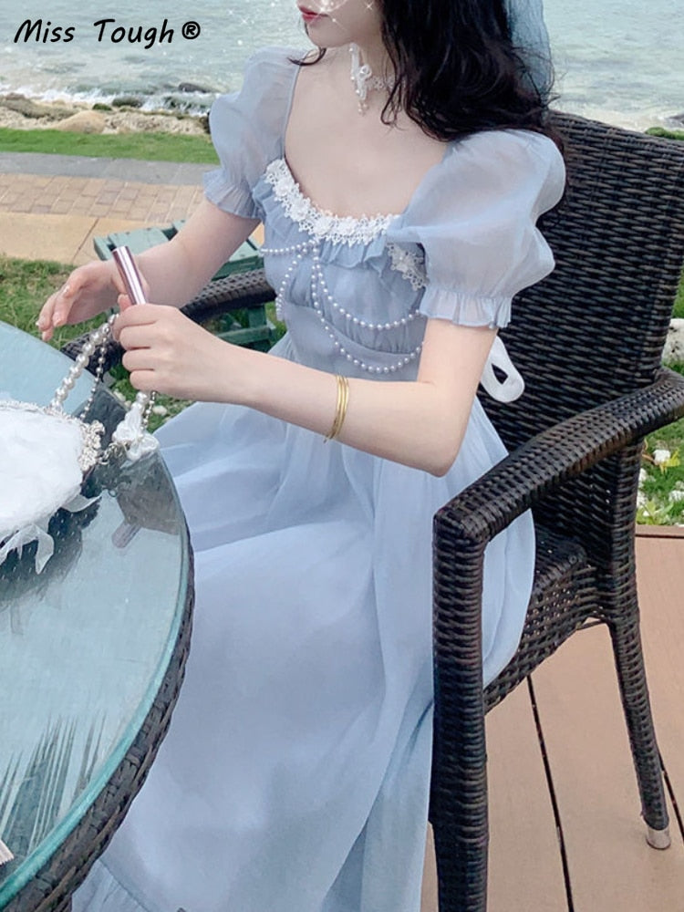 Summer Blue Elegant Fairy Dress Women Bow Bandage Party Midi Dresses Casual Korean Fashion Lace Chic Lolita Dress Female 2022