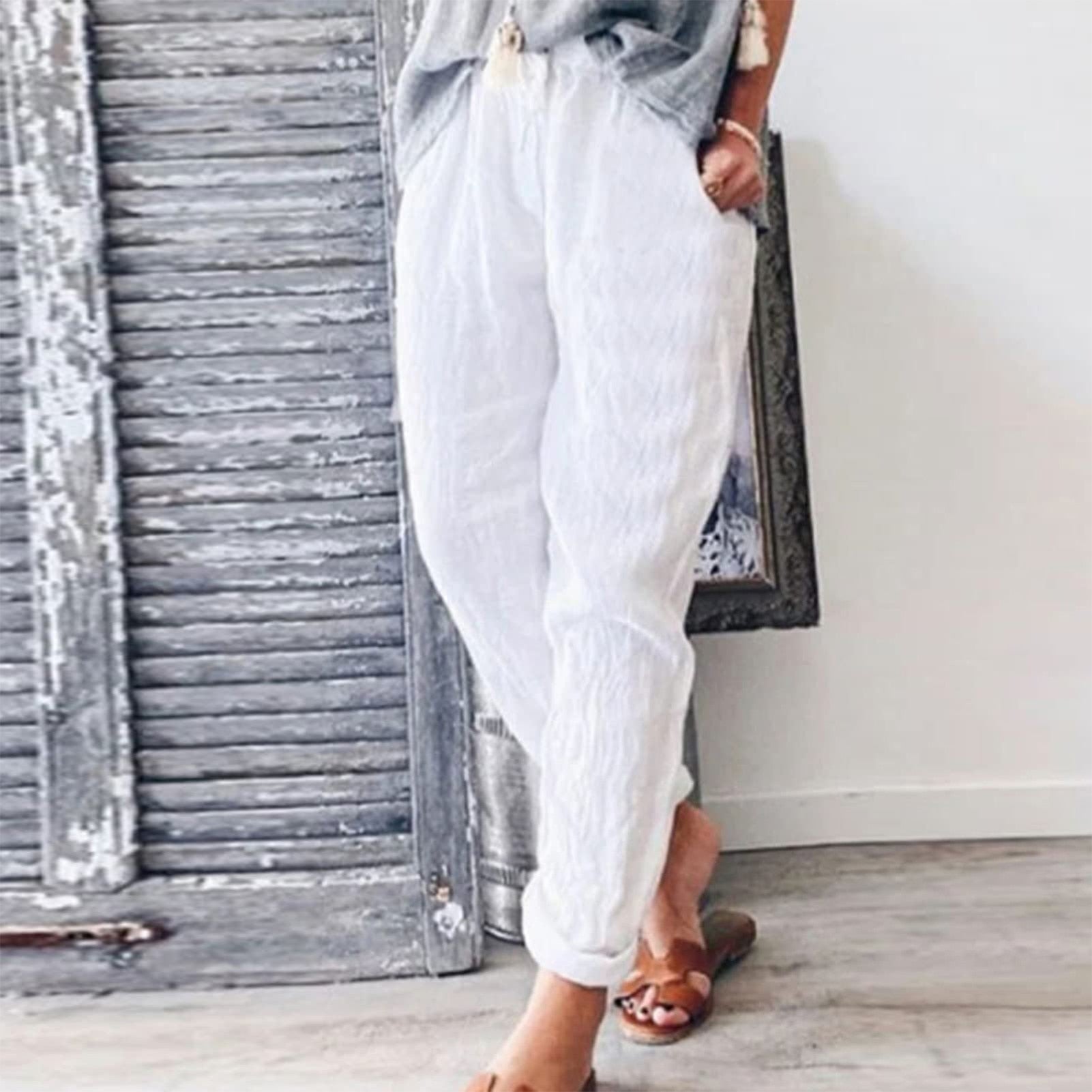 Back to School Casual Style Cotton Linen Long Straight Pants Elastic Waisted Women Trousers with Pockets Solid Color Loose Fit Daily Outfit