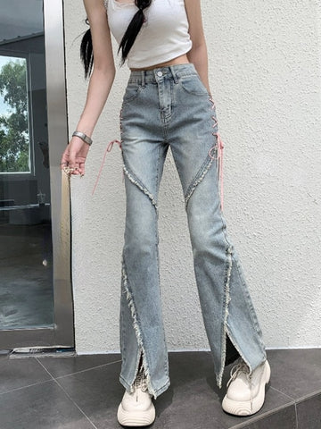 Back to School 2023 Summer Kawaii Sweet Flare Pants Female Slim French Vintage High Waist Jeans Design Casual Korea Fashion Denim Trouser Woman