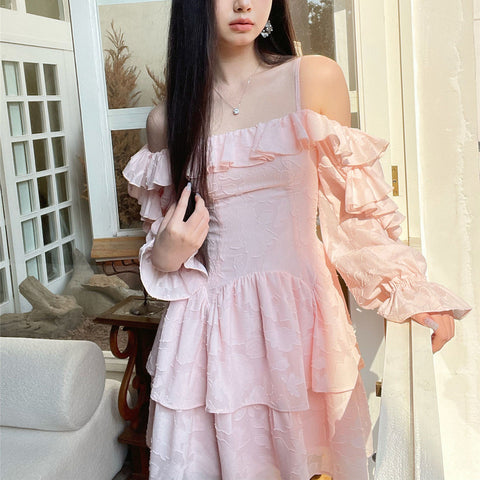 Geumxl White Pink Design Women Dress Ruffle Puff Sleeves Slash Neck Elastic Waist Korean Solid Female Clothes Summer Fashion New