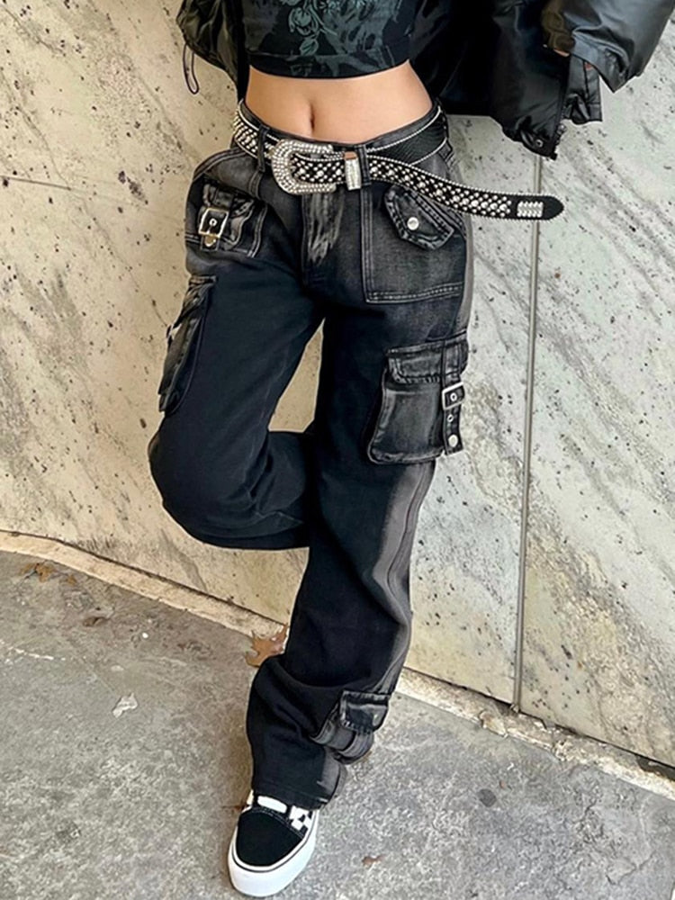 Geumxl Grunge Gothic Pockets Vintage Women's Jeans Cargo Style Y2K Punk Gradient Denim Trousers Dark Academia Baggy Outfits