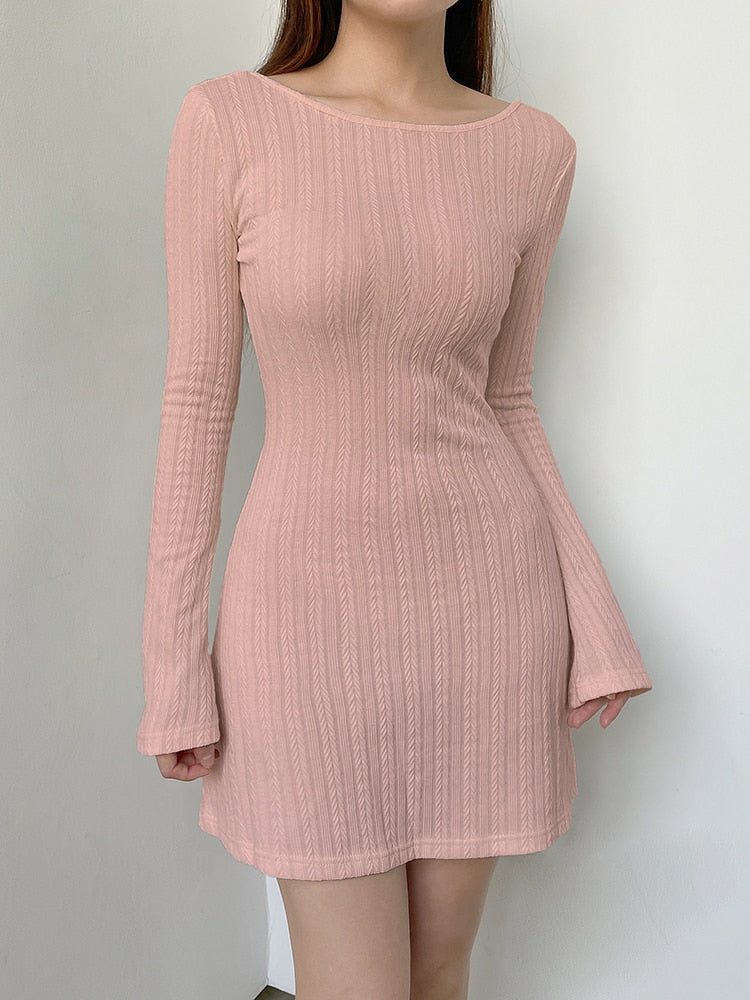 Geumxl Casual Basic Backless Knitted Fare Sleeve Women Dresses Mini Solid Fashion Chic Bodycon Autumn Dress Elegant Outfits