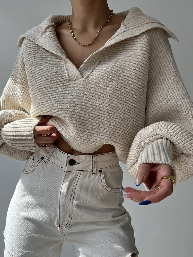 Geumxl Casual Solid Loose Autumn Winter Jumper Knit Sweater Basic Fashion Chic Female Pullover Turn-Down Collar Knitting Top