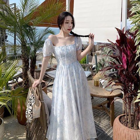 Geumxl Sky Blue Printed Maxi Dresses for Women Summer Beach Style Boho Long Square Collar  Vestido Midi Elegante French