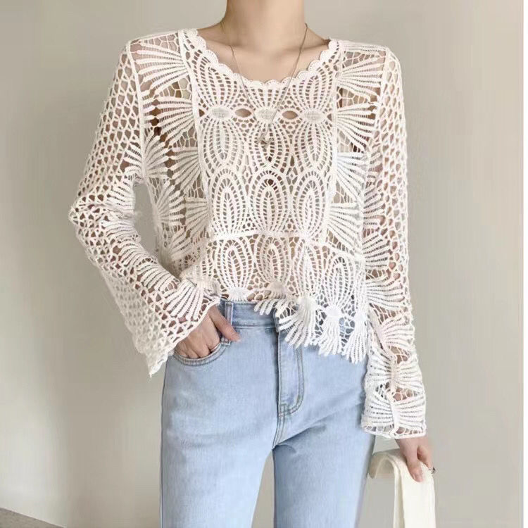 Hollow Sunscreen Cardigan Shirt Fashion Sexy Summer Lace Tops New Korean Loose Long-Sleeved Hollow Out Blouse