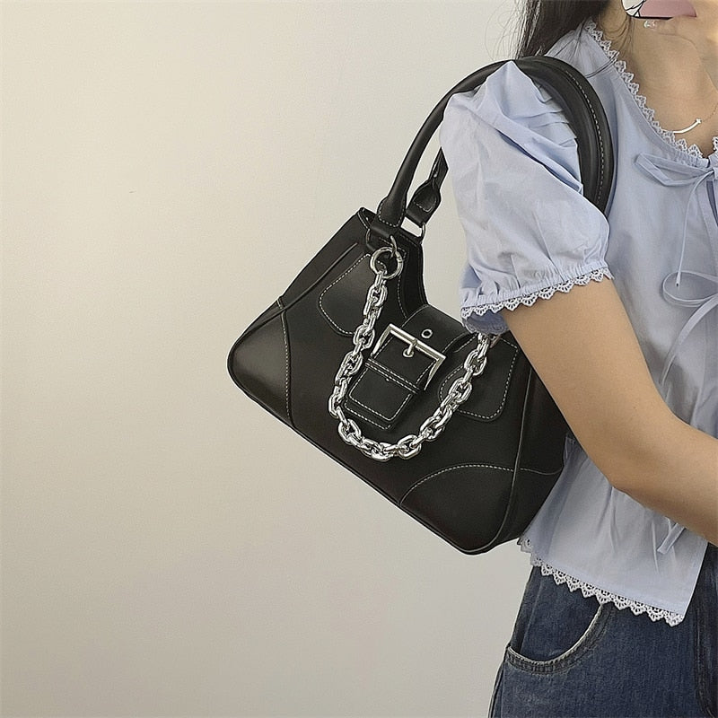Back To School Vintage Sweet Cool Girls Canvas Underarm Bag Patent Leather Women's Metal Chain Shoulder Crossbody Bags Y2k Tote Purse Handbags