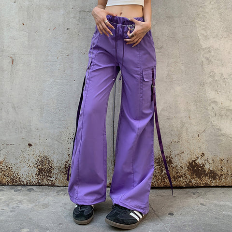 Back to School Oversized Ladies Purple Cargo Pants Women Hip Hop Pants Y2k Style Summer Pants with Pockets Casual High Waist Daily Outfit