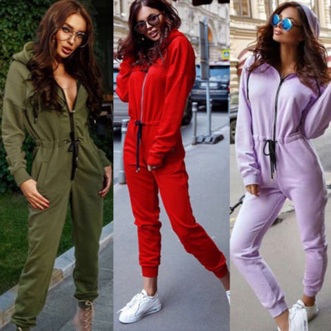 Geumxl Autumn New Fashion Women Casual Hooded Zipper Jumpsuit Female Solid Color Long Sleeve Streetwear Drawstring Jogging Tracksuit