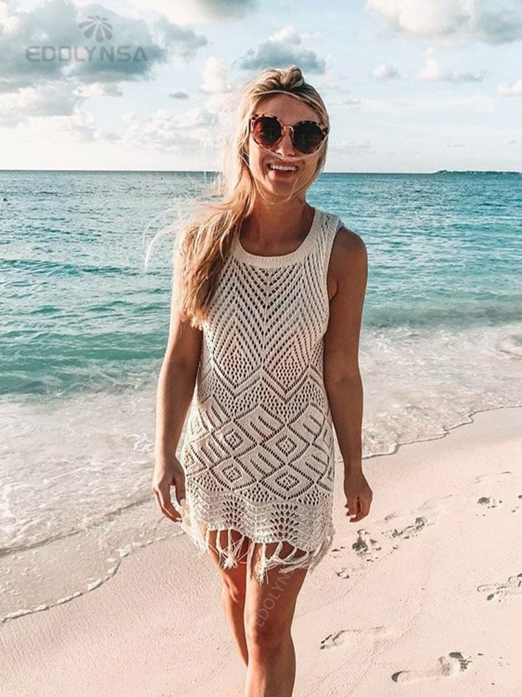 Geumxl--hoco dresses  White Crochet Tunic Bikini Cover-Ups Sexy Hollow Out Sleeveless Fringed Mesh Dress Women Beach Wear Casual Mini Dress Q1398