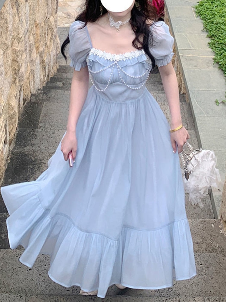 Summer Blue Elegant Fairy Dress Women Bow Bandage Party Midi Dresses Casual Korean Fashion Lace Chic Lolita Dress Female 2022